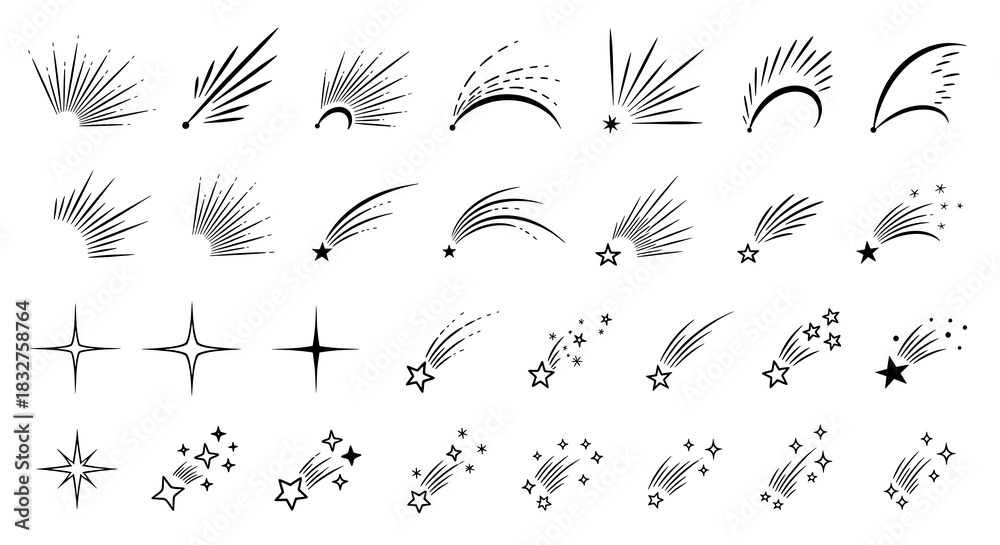 Fototapeta premium Sparkle and Comet Line Art Collection isolated on transparent background
