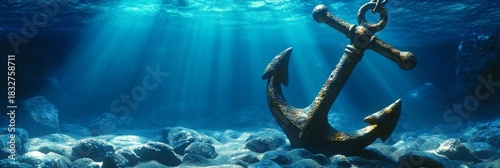 Underwater Serenity Sunlit Rocky Seascape with a Historical Relic Amidst Ocean Depths Beauty