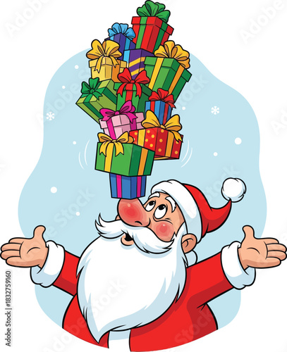 Jolly Santa balancing colorful Christmas gifts on his nose with glee, spreading holiday cheer and playful spirit for festive promotions and joyful celebrations
