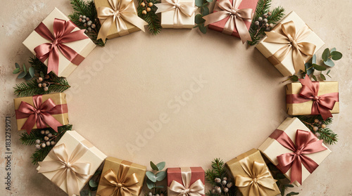 Christmas holiday frame with wrapped gifts, pine branches and ornaments creating circular copy space on beige background  