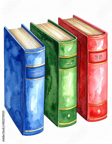 Three Colorful Hardcover Books in a row, red, green, blue, isolated on white background watercolor illustration