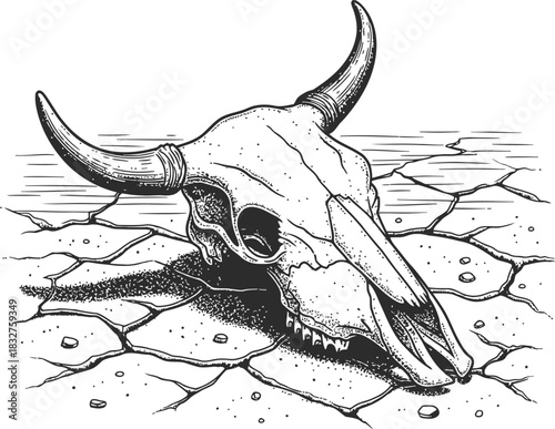 Bull skull on cracked dry ground illustration evoking desert and arid landscape