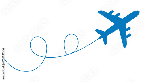 Blue airplane silhouette flying on a white background with a looping flight path aircraft travel