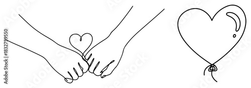 Pinky promise hands gesture with small heart and balloon doodle vector sketch for Valentines Day