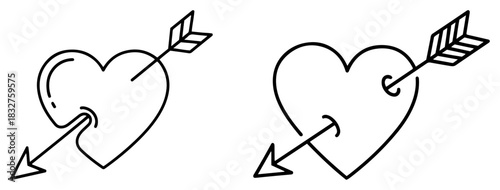 Two hearts pierced by cupid arrows vector illustration set in black outline style for Valentines Day or romantic design