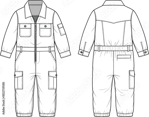 Children’s utility jumpsuit sketch, technical fashion illustration, front and back view, cargo pockets, zipper closure, elastic cuffs, Adobe Stock