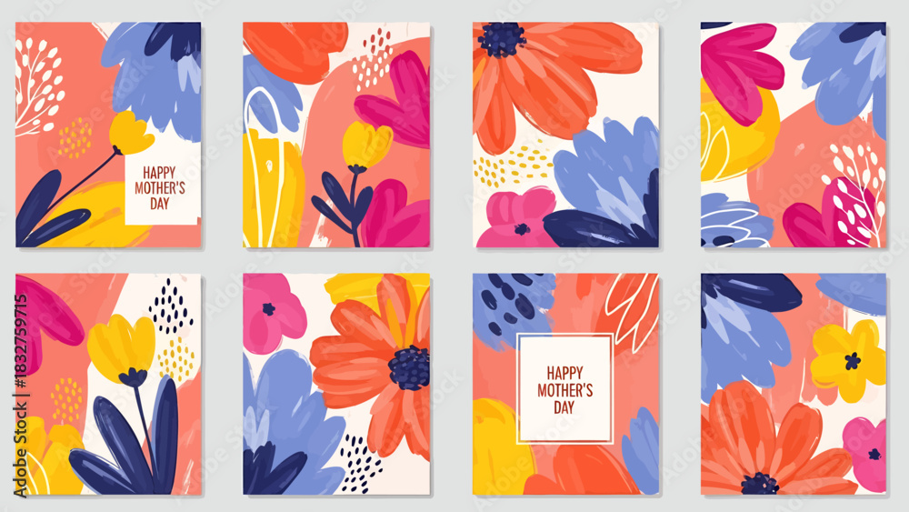 Obraz premium A collection of eight vibrant, abstract floral greeting cards for Mother's Day.
