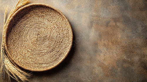 Woven sisal basket texture background showing natural fiber circular weave patterns in warm beige tones perfect for organic web design materials
