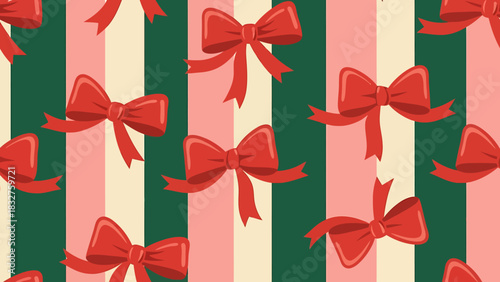 Seamless pattern of red bows on a striped background with green, pink, and cream vertical lines, evoking a festive or gift-wrapping theme.