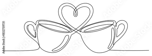 Two coffee cups toasting with steam forming a heart vector illustration continuous one line drawing of mugs cheers for valentine or dating concept