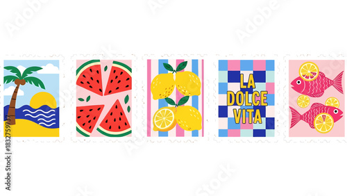 Colorful summer-themed illustrations featuring a palm tree, watermelon, lemons, text, and fish.
