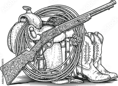Classic Western cowboy equipment including a saddle rifle hat and boots on dark background