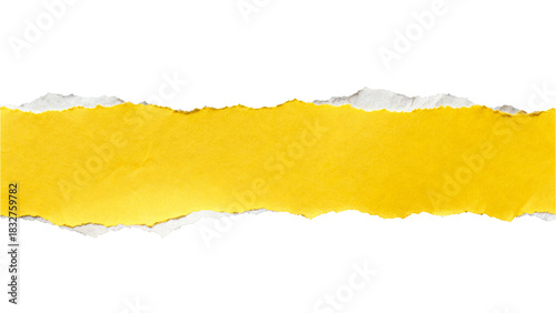 Yellow torn paper strip with rough ripped edge on white background, creative textured element for design and layout  