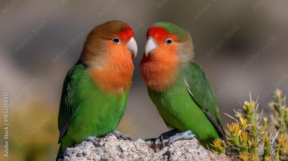 Obraz premium Two colorful rosy-faced lovebirds are perched closely together, showcasing their beautiful plumage. Surrounded by a rocky landscape, they enjoy a peaceful afternoon in nature