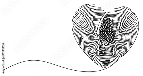 Fingerprint heart shape formed by complex continuous line vector illustration symbolizing unique romantic identity for valentines day