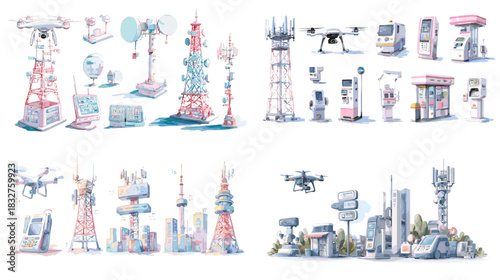 A modern collection of communication towers, satellites, drones, and digital devices illustrated in soft colors, ideal for technology, network, infrastructure, and telecom themes.