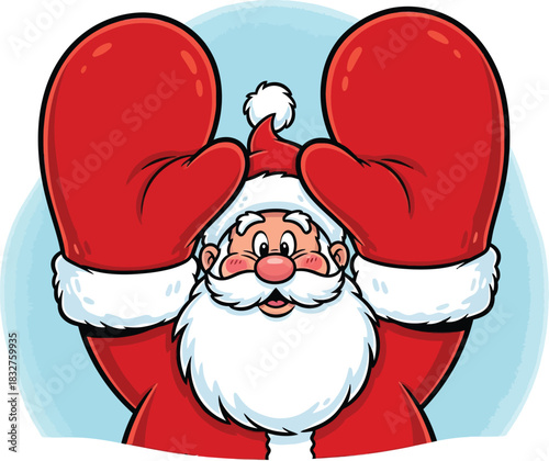 Jolly Santa Claus cheering with oversized red gloves brings festive charm and holiday cheer for heartwarming Christmas campaigns and magical seasonal designs