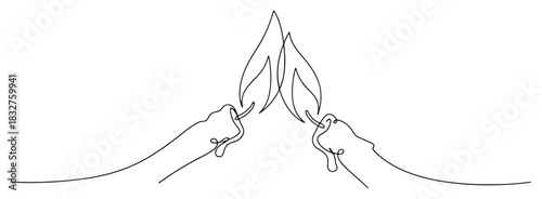 Continuous one line drawing of two burning candles with merging flames minimalist vector illustration of romance and intimacy