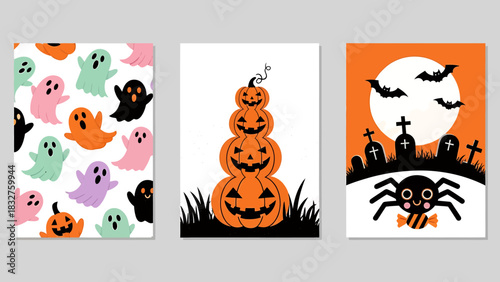 Set of three cute and colorful Halloween themed cards featuring ghosts, stacked jack-o'-lanterns, and a spooky graveyard scene with a spider.