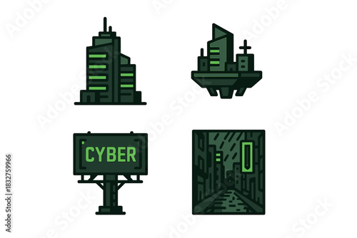 Futuristic urban scenery with green accents featuring buildings and a billboard in a digital style