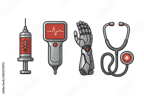 Medical technology tools include a syringe, health monitor, robotic arm, and stethoscope for healthcare purposes