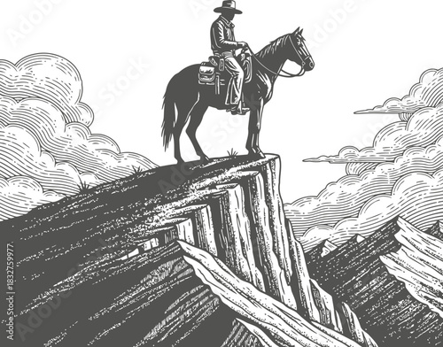 Cowboy on horseback standing on a precipice with clouds in a western landscape
