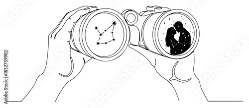 Continuous one line drawing of hands holding binoculars showing a kissing couple and star constellation inside lenses vector illustration of destiny