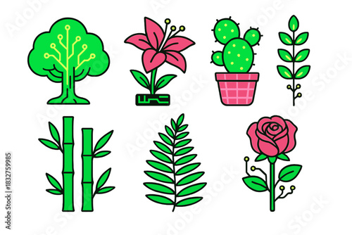 Collection of vibrant plant and flower illustrations showcasing nature's beauty in simple designs