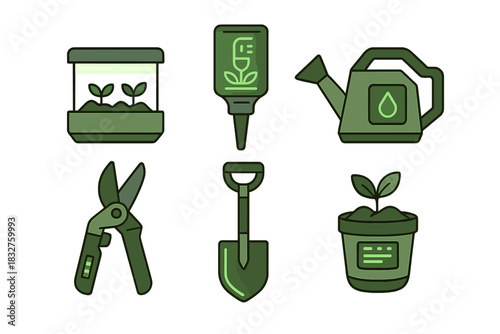 Various gardening tools and supplies displayed for plant care and nurturing in a modern design