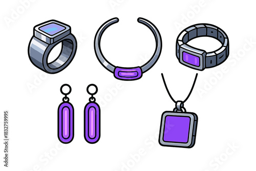 Stylish purple jewelry collection featuring earrings, a pendant, and various bracelets on a clean background