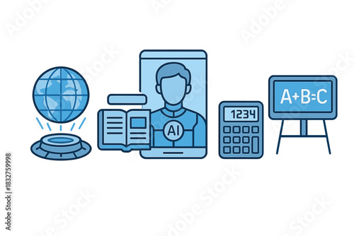 Technology enhances learning experience with globe, AI, book, calculator, and board