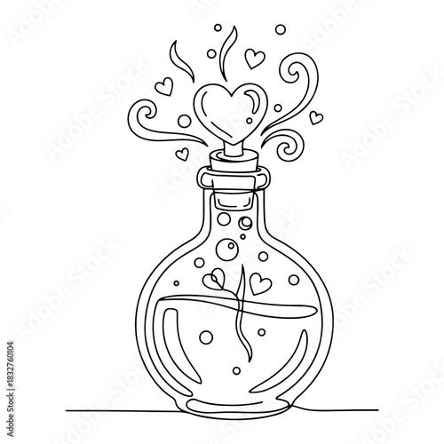 Magic love potion bottle with floating hearts continuous one line drawing romantic elixir vector illustration
