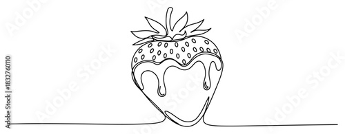 Strawberry dipped in chocolate dripping sauce continuous one line drawing sweet dessert vector illustration