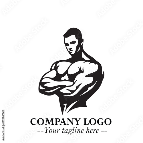 Man With Muscle Logo Symbol in Black on White Background for Strong Bold Fitness Branding Design Art