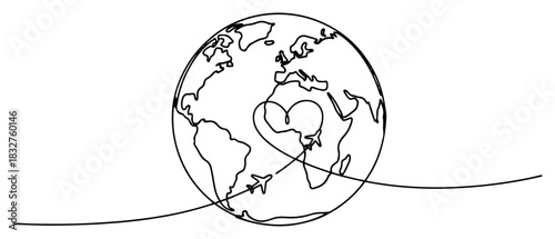 Continuous one line drawing of earth globe with airplanes and flight path forming heart shape for travel and tourism