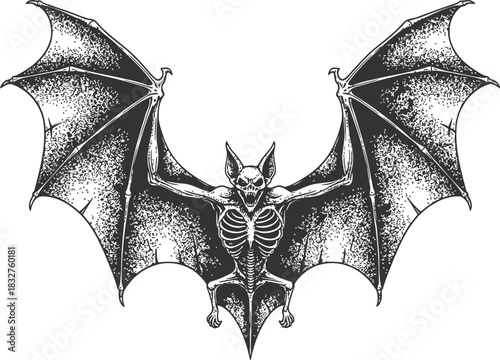 Dark bat silhouette with outstretched wings ready for flight against a black background