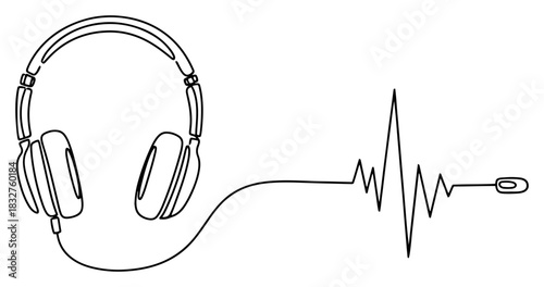 Continuous one line drawing of headphones with cable turning into sound wave pulse for music and audio concept