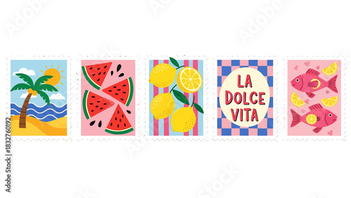 Five vibrant flat design summer-themed illustrations featuring beach, watermelon, lemons, "La Dolce Vita" text, and fish.