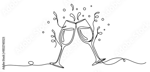 Two champagne glasses toasting with splashes and confetti vector illustration continuous one line drawing of celebration cheers for wedding or valentine party