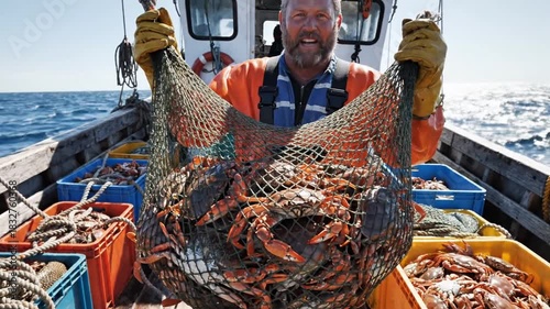 Fisherman holding catch of crabs on boat deck commercial fishing industry