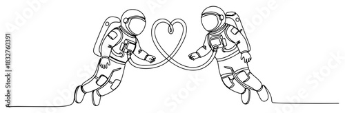 Continuous one line drawing of two astronauts floating in space connected by a heart shaped tube