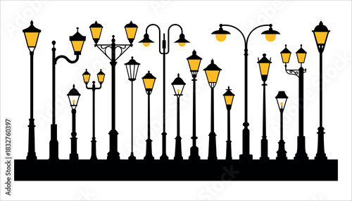 Collection of black silhouette street lamps with yellow light elements on white background lamppost lighting