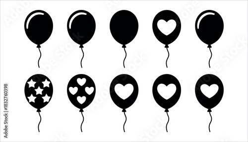 Collection of black balloons with white heart and star cutouts and highlights vector
