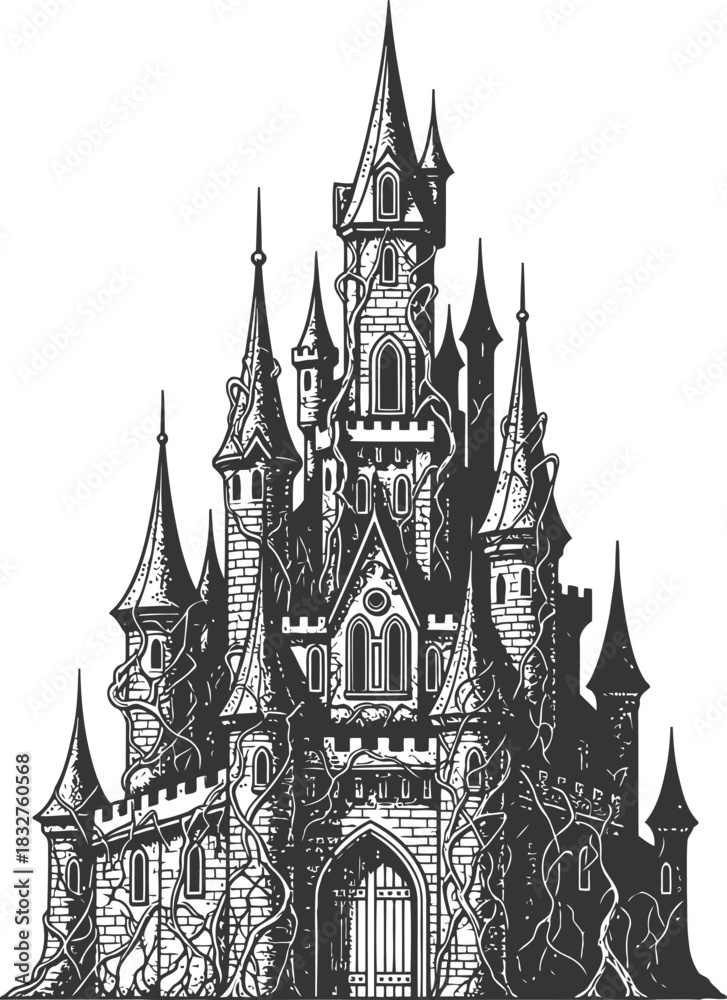 Fototapeta premium Dark gothic castle silhouette featuring towering spires isolated on black background