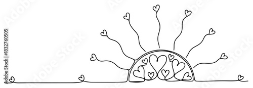 Continuous one line drawing of sunrise with hearts inside and on rays for romantic Valentines Day concept