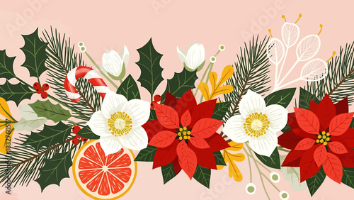 Festive winter botanical border with red poinsettias, white hellebores, holly, pine, citrus slices, and candy cane on a pink background.
