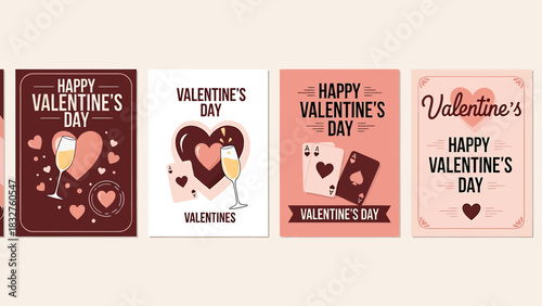 A collection of four illustrated Valentine's Day greeting cards with hearts, playing cards, and champagne glasses.