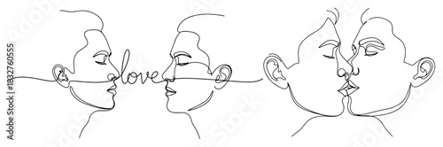 Continuous line drawing set of gay couple faces kissing and looking at each other vector illustration for lgbt valentine or pride design