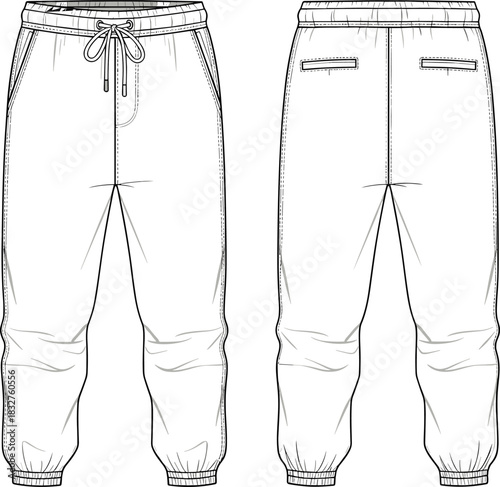 Jogger pants design, front and back view, fashion illustration, drawstring waist, welt pockets, elastic cuffs, garment sketch, technical drawing