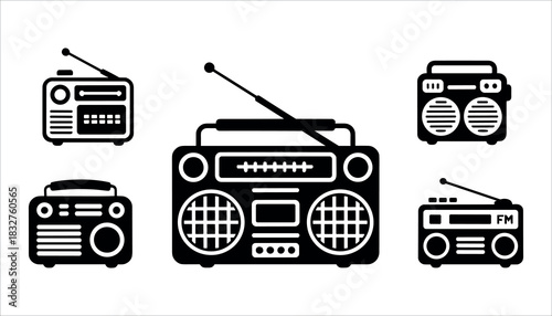 Collection of five black and white retro boombox and radio icons vintage audio